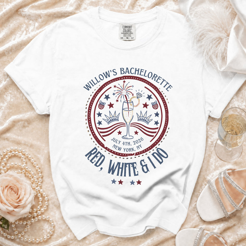 Willow's Bachelorette t-shirt with "Red, White & I Do" design.