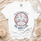 Willow's Bachelorette t-shirt with "Red, White & I Do" design.