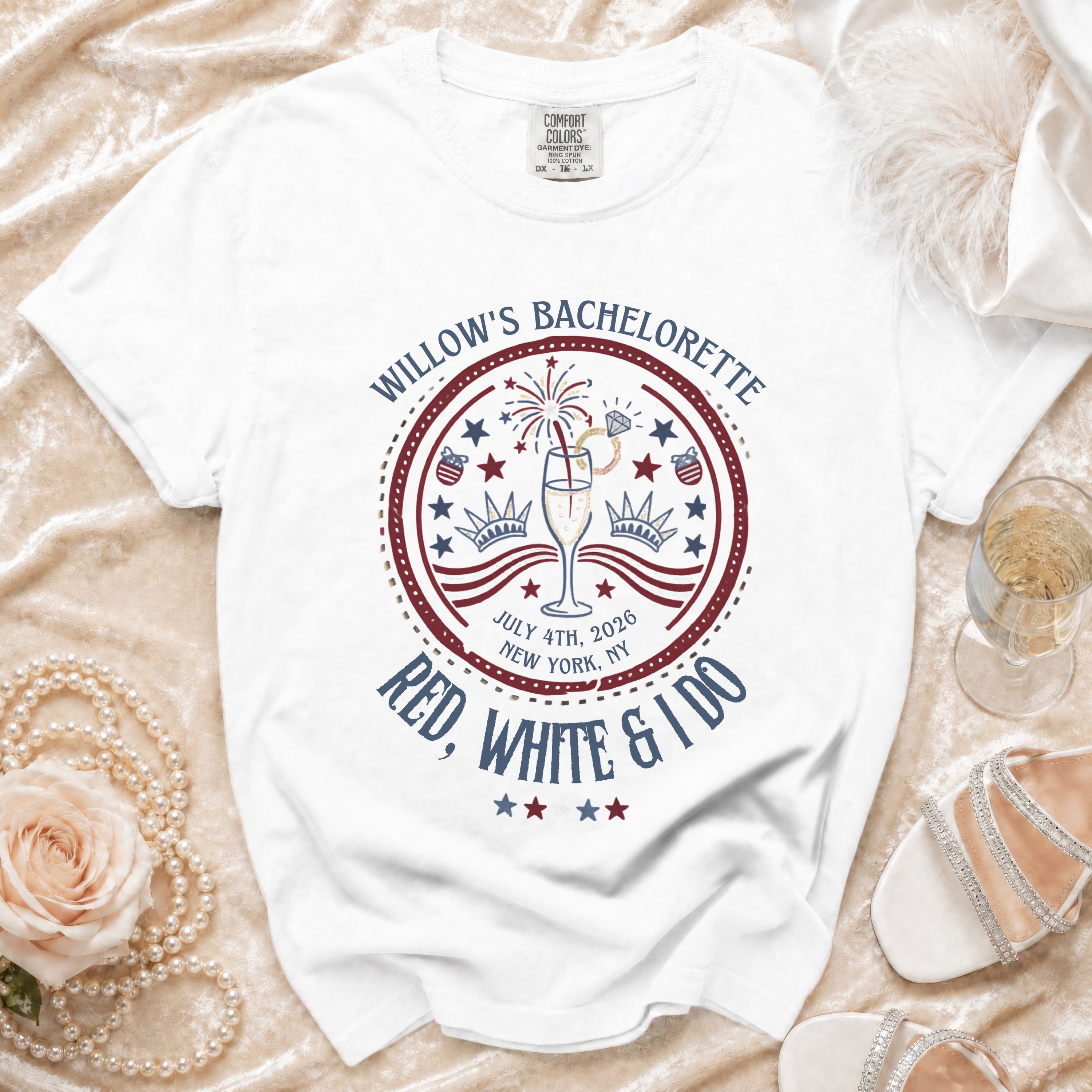 Willow's Bachelorette t-shirt with "Red, White & I Do" design.