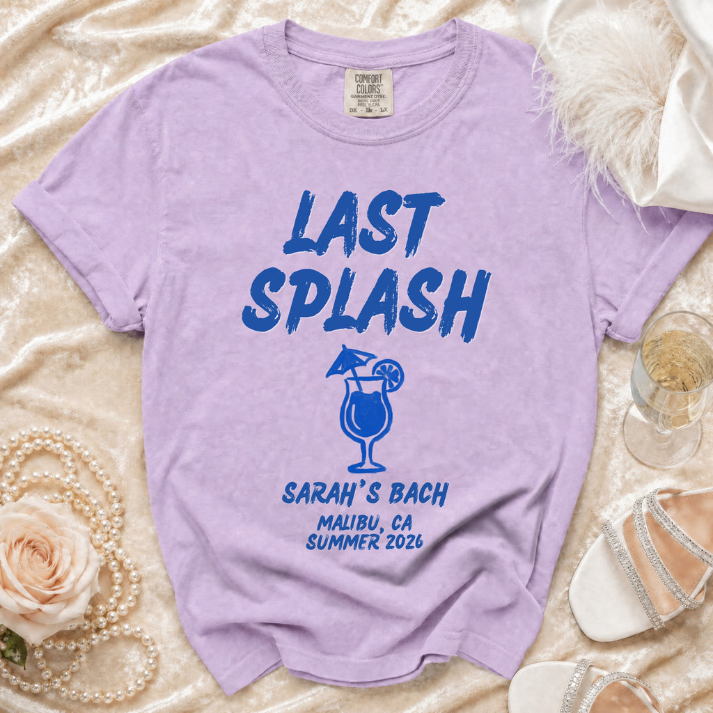 Purple t-shirt with "Last Splash" and bachelorette party details.