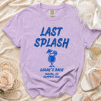 Purple t-shirt with "Last Splash" and bachelorette party details.