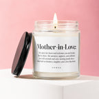 Candle with "Mother-in-Love" label and descriptive text.