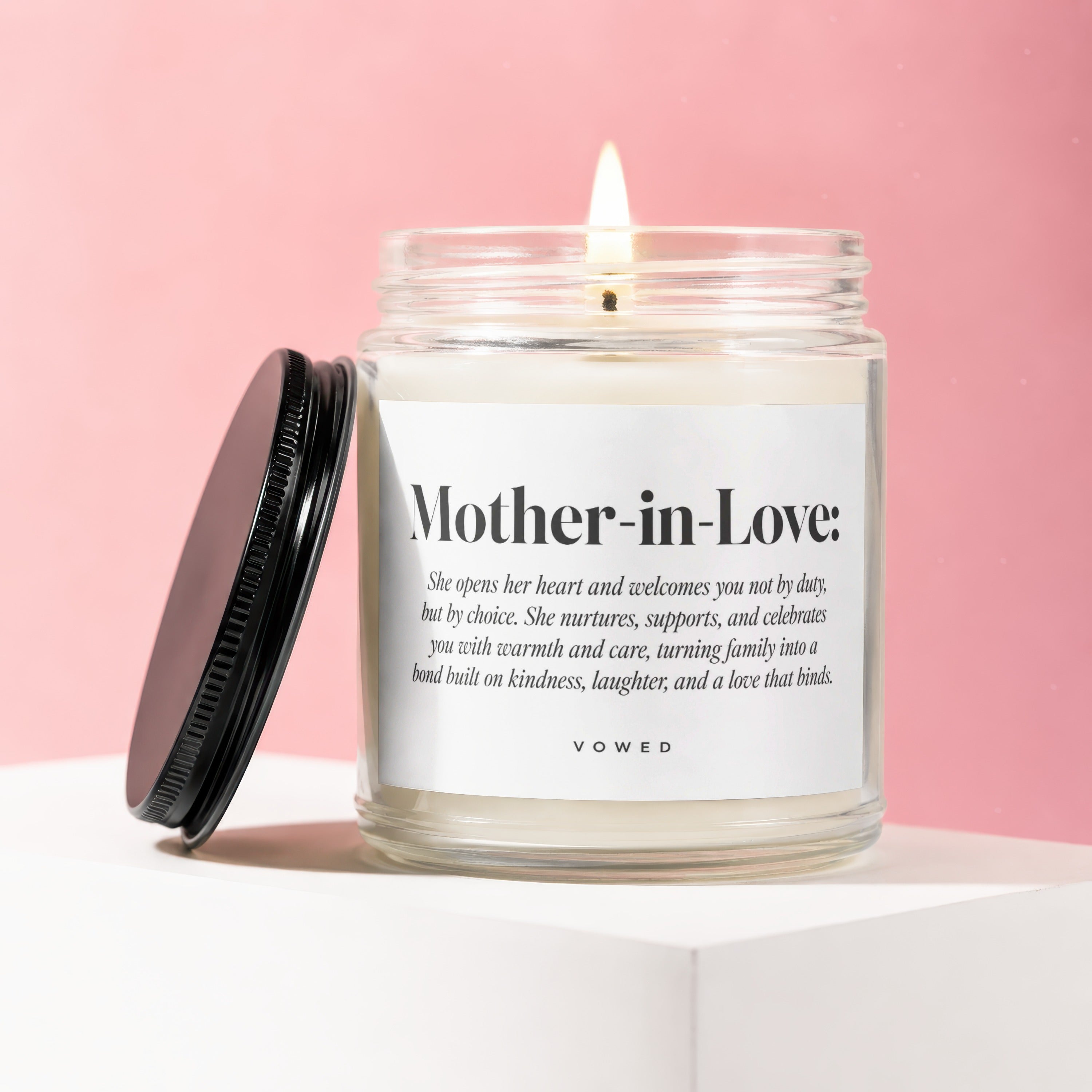 Candle with "Mother-in-Love" label and descriptive text.