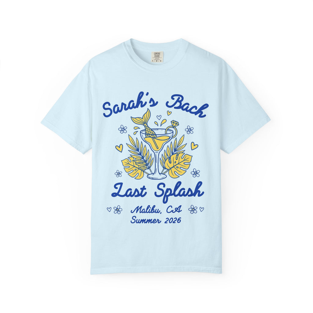 Light blue t-shirt with "Sarah's Bach Last Splash Malibu, CA Summer 2026" text and tropical graphics.