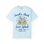 Light blue t-shirt with "Sarah's Bach Last Splash Malibu, CA Summer 2026" text and tropical graphics.