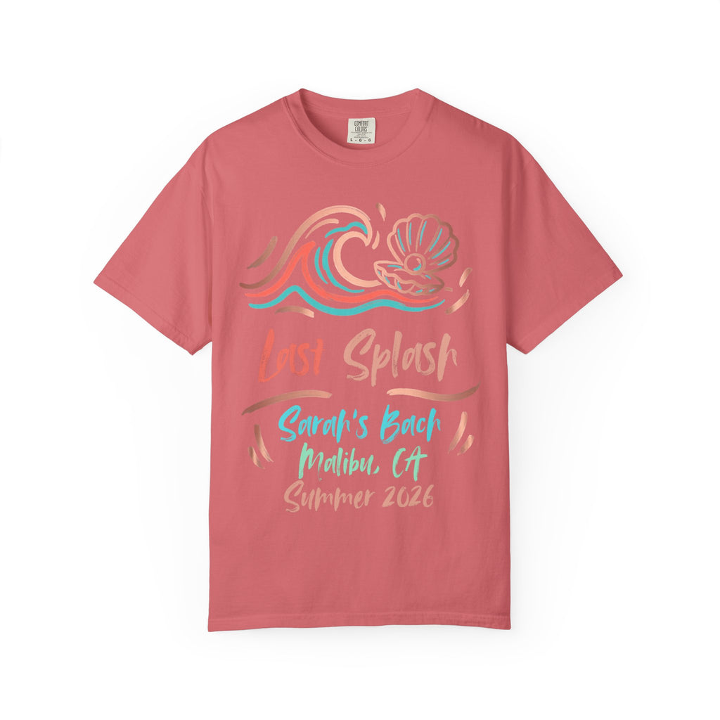 Coral t-shirt with "Last Splash Sarah's Bach Malibu CA Summer 2026" text and wave graphic.