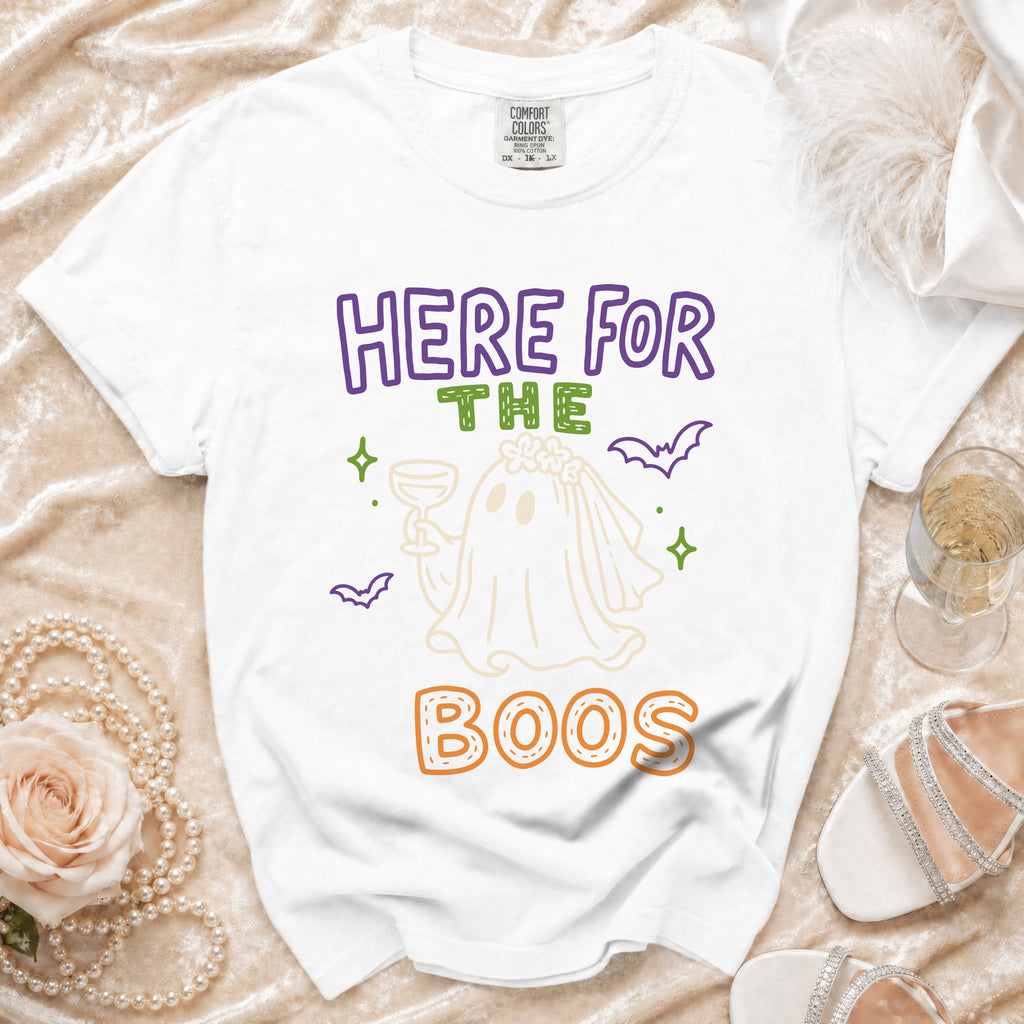 White t-shirt with "Here for the Boos" and a ghost bride graphic.