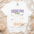 White t-shirt with "Here for the Boos" and a ghost bride graphic.