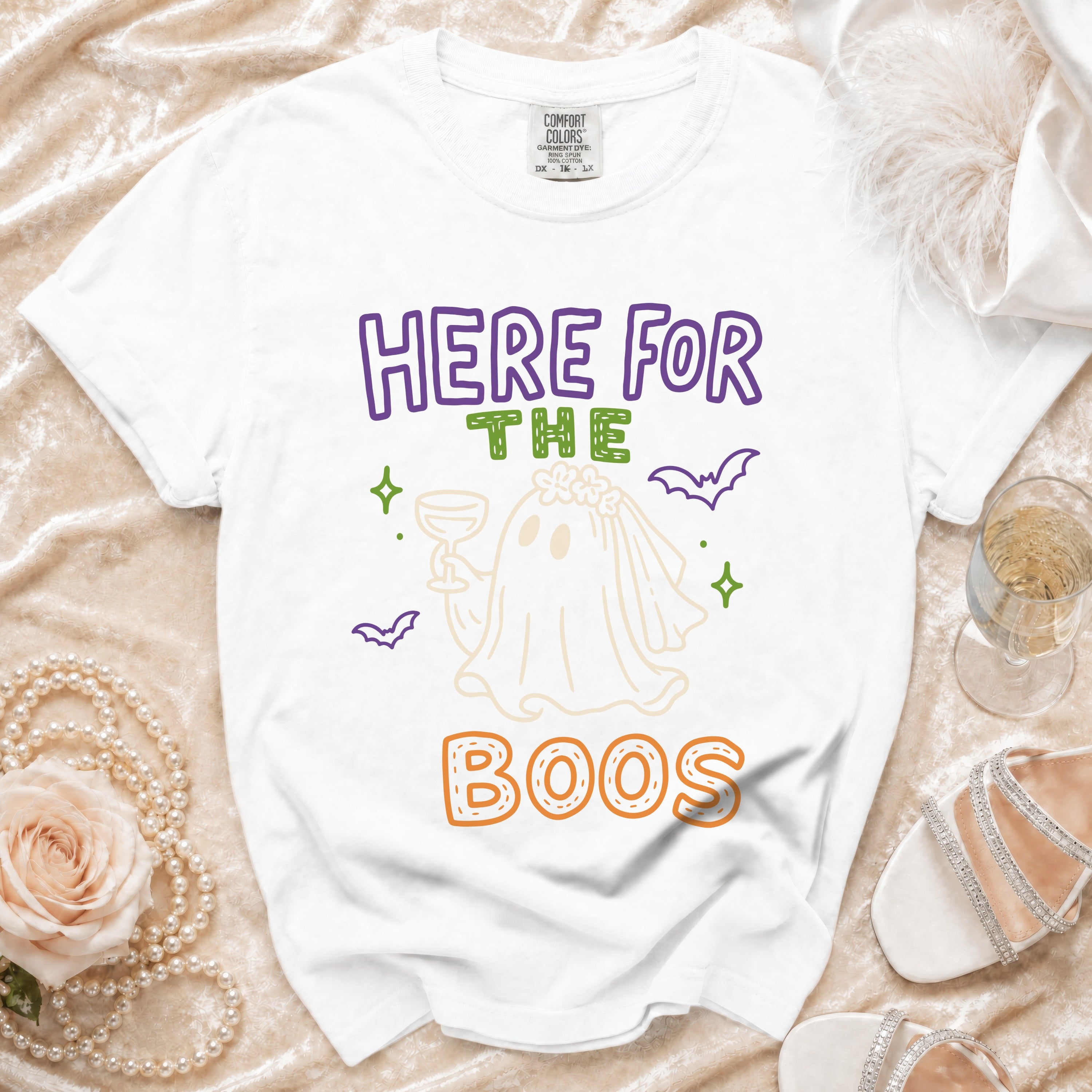 White t-shirt with "Here for the Boos" and a ghost bride graphic.