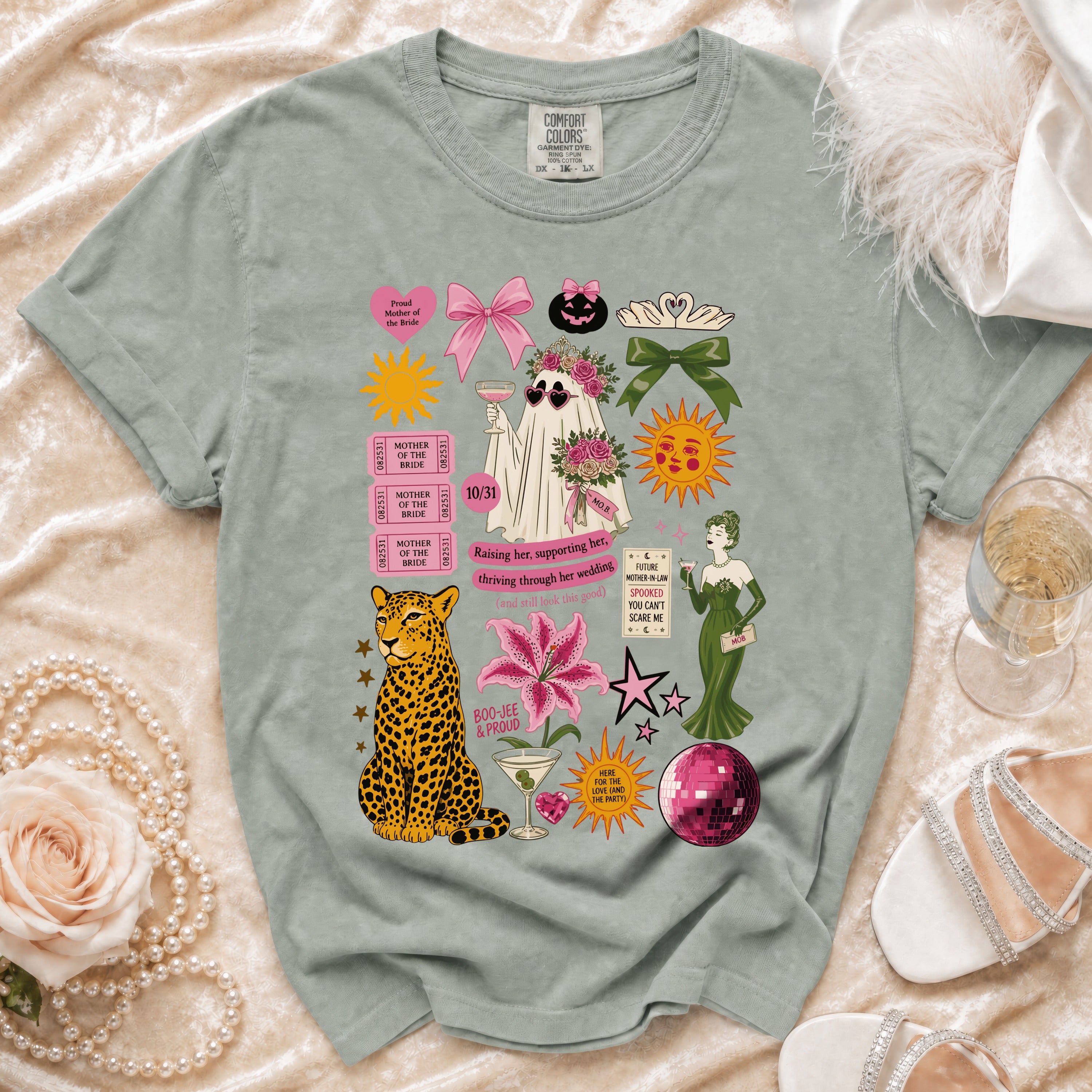 T-shirt with a collage of wedding and party graphics including a ghost, leopard, and flowers.