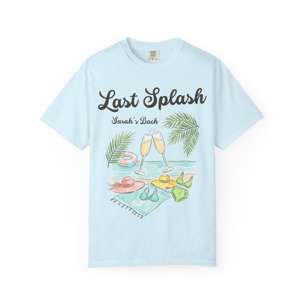 Light blue t-shirt with "Last Splash Sarah's Bach" and beach vacation graphics.