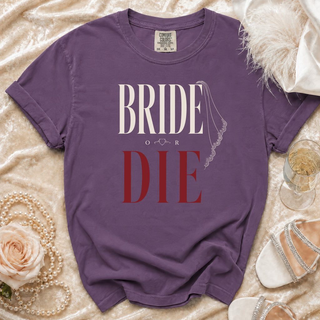 Purple t-shirt with "BRIDE OR DIE" and veil design.