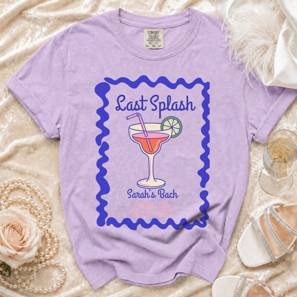 Purple t-shirt with "Last Splash Sarah's Bach Summer 2020" and a cocktail graphic.