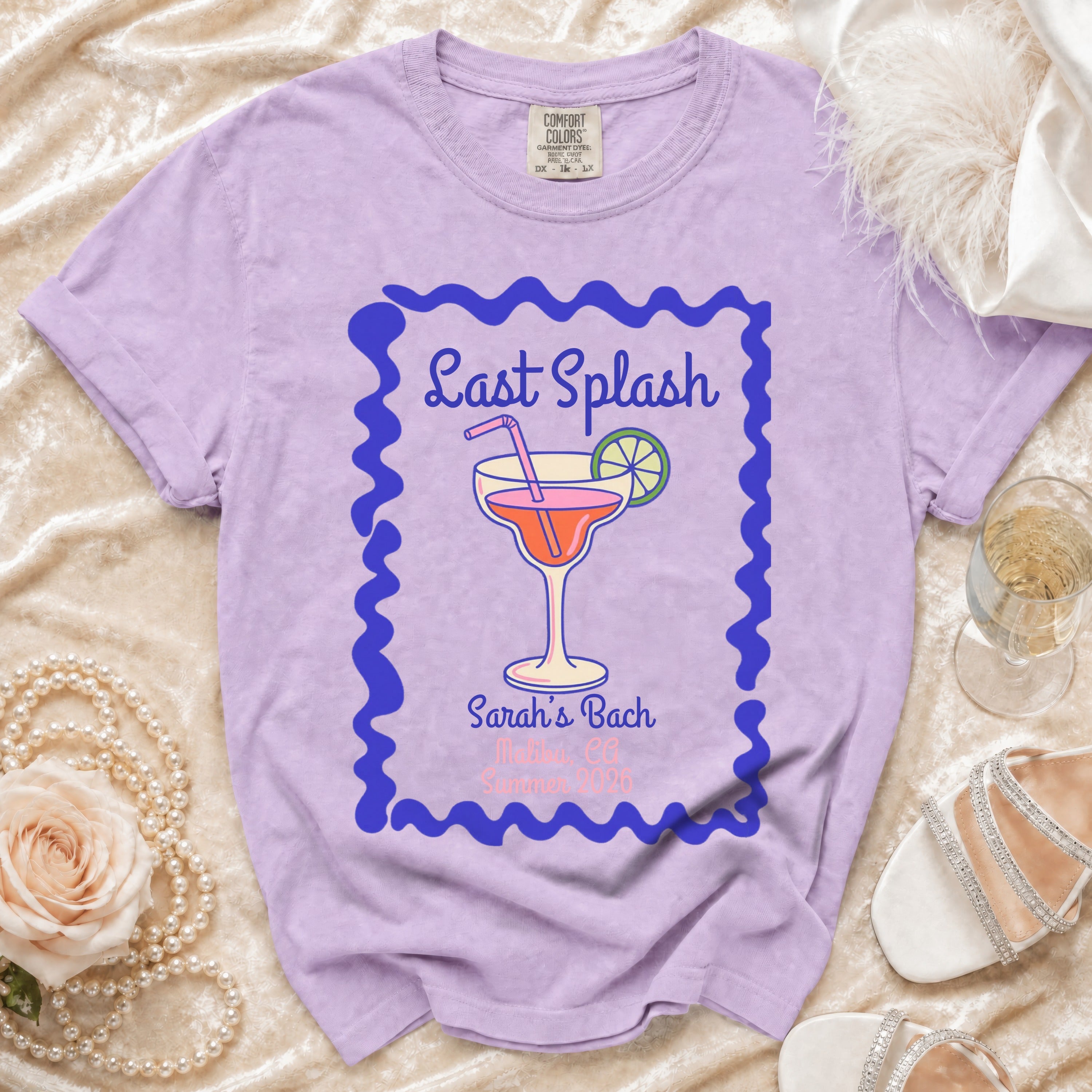 Purple t-shirt with "Last Splash Sarah's Bach Summer 2020" and a cocktail graphic.