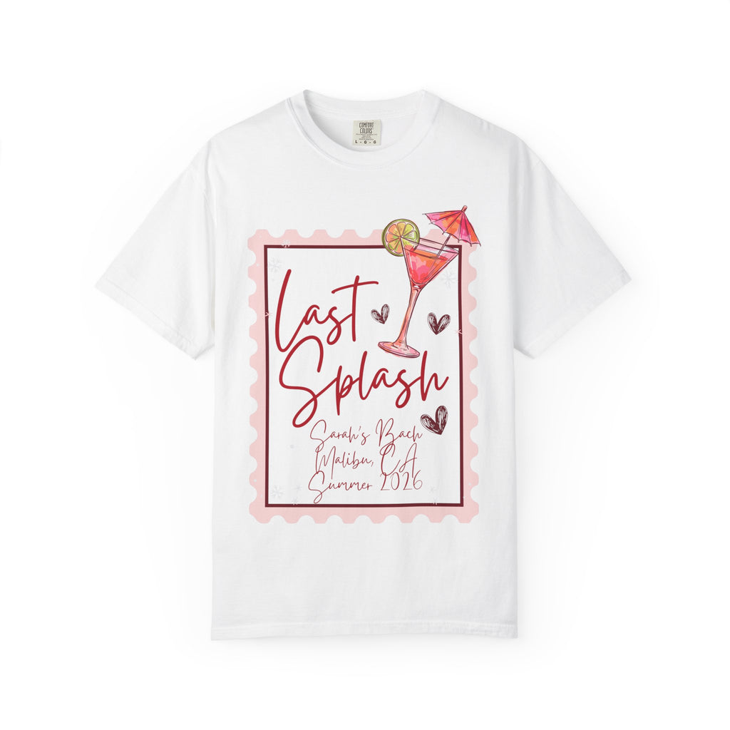 White t-shirt with "Last Splash" cocktail design.