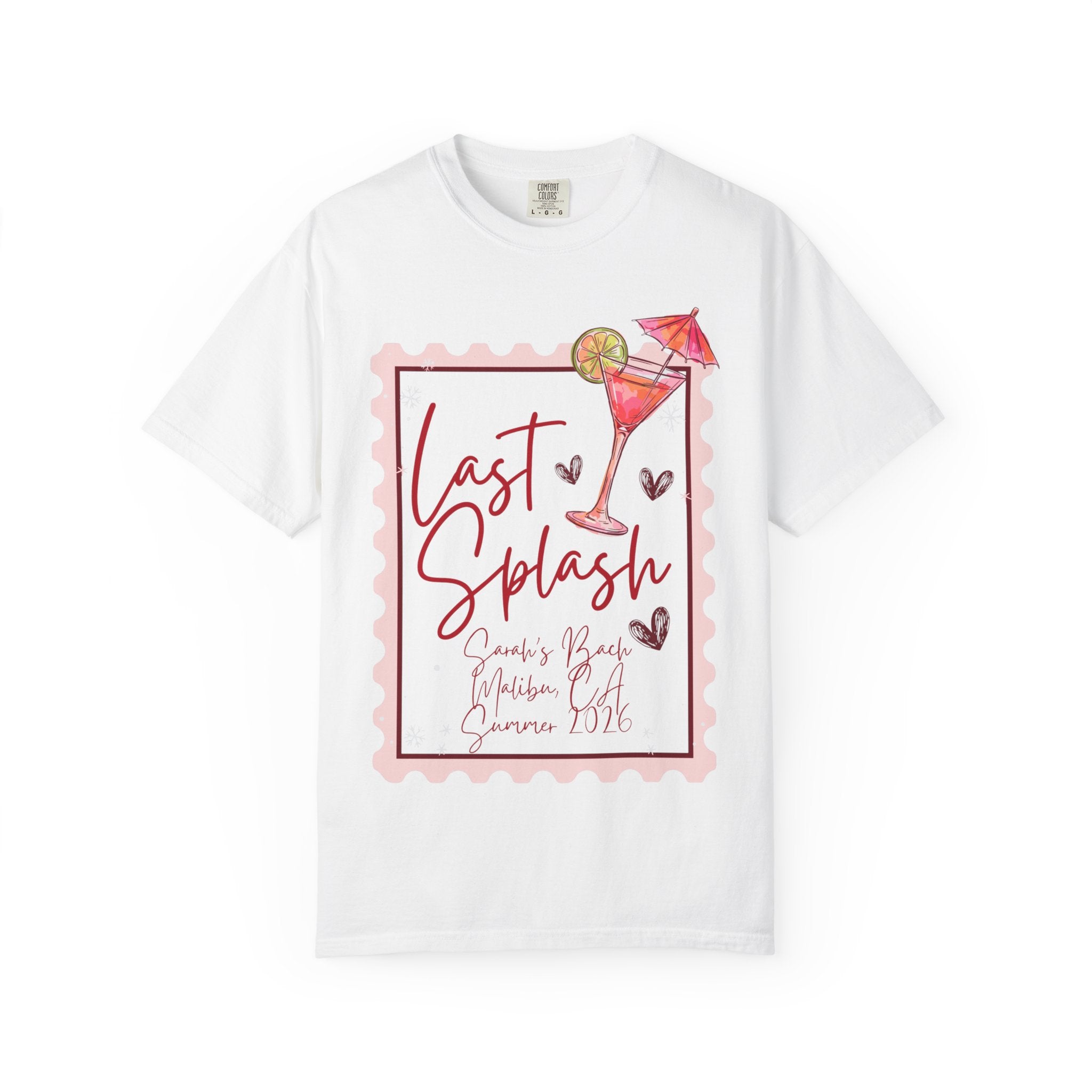 White t-shirt with "Last Splash" cocktail design.