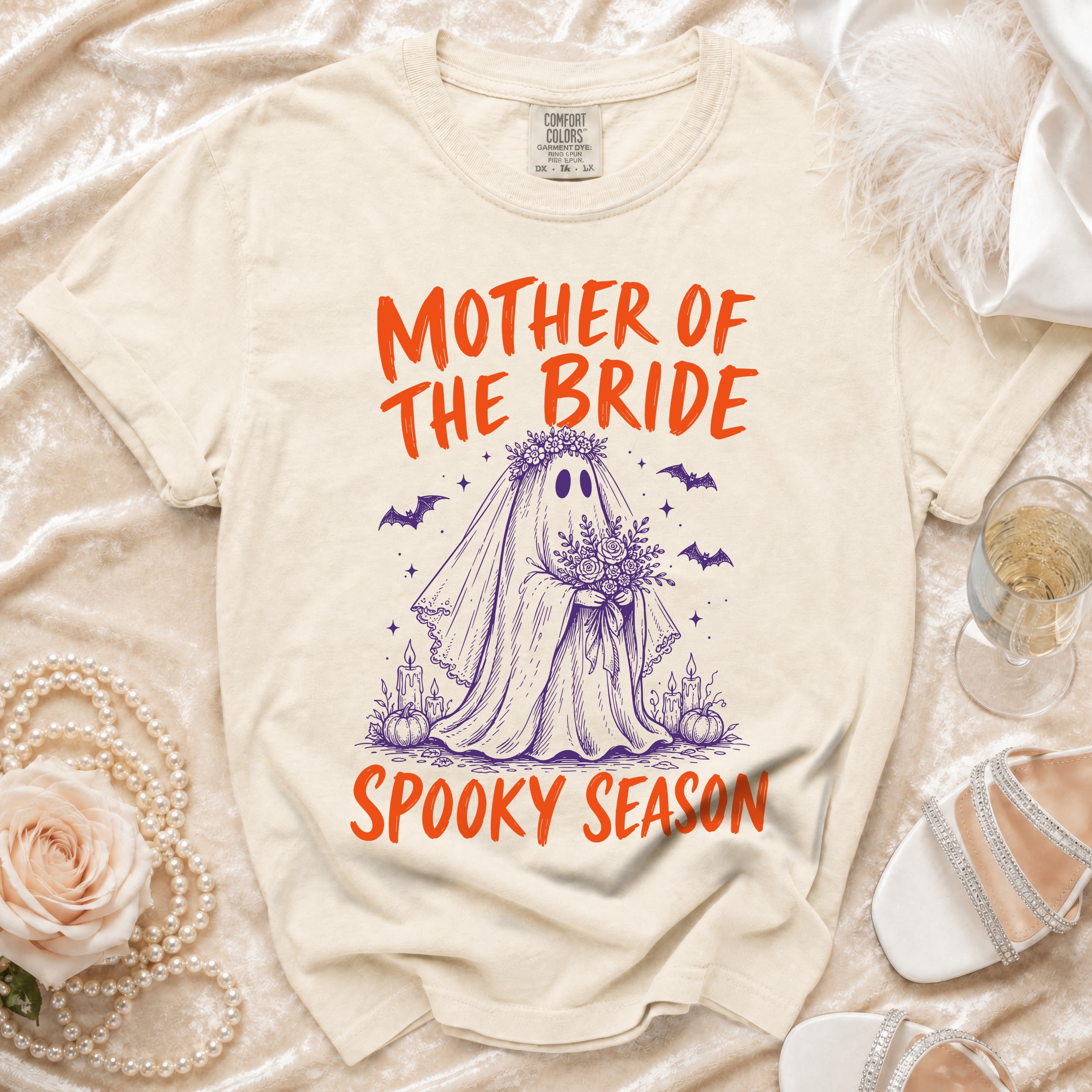 T-shirt with ghost graphic reading "Mother of the Bride" and "Spooky Season."
