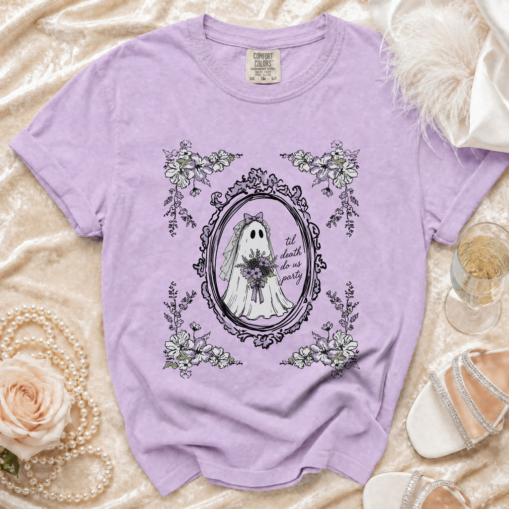 Purple t-shirt with ghost bride graphic and text "til death do us party".
