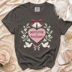 Grey t-shirt with "Mistletoe & Matrimony" text, bells, and doves graphic.