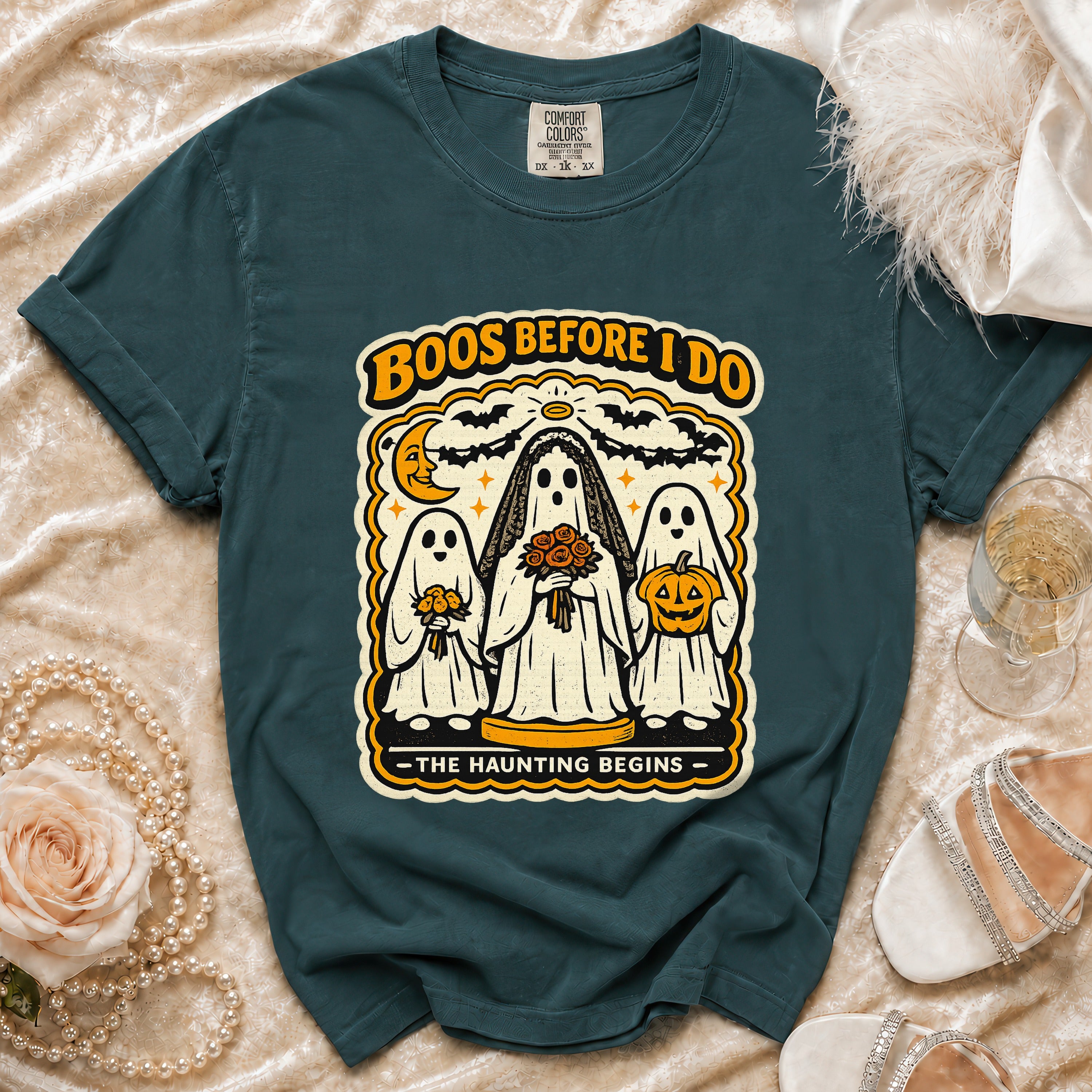 Dark teal t-shirt with "Boos Before I Do" and three ghosts graphic.