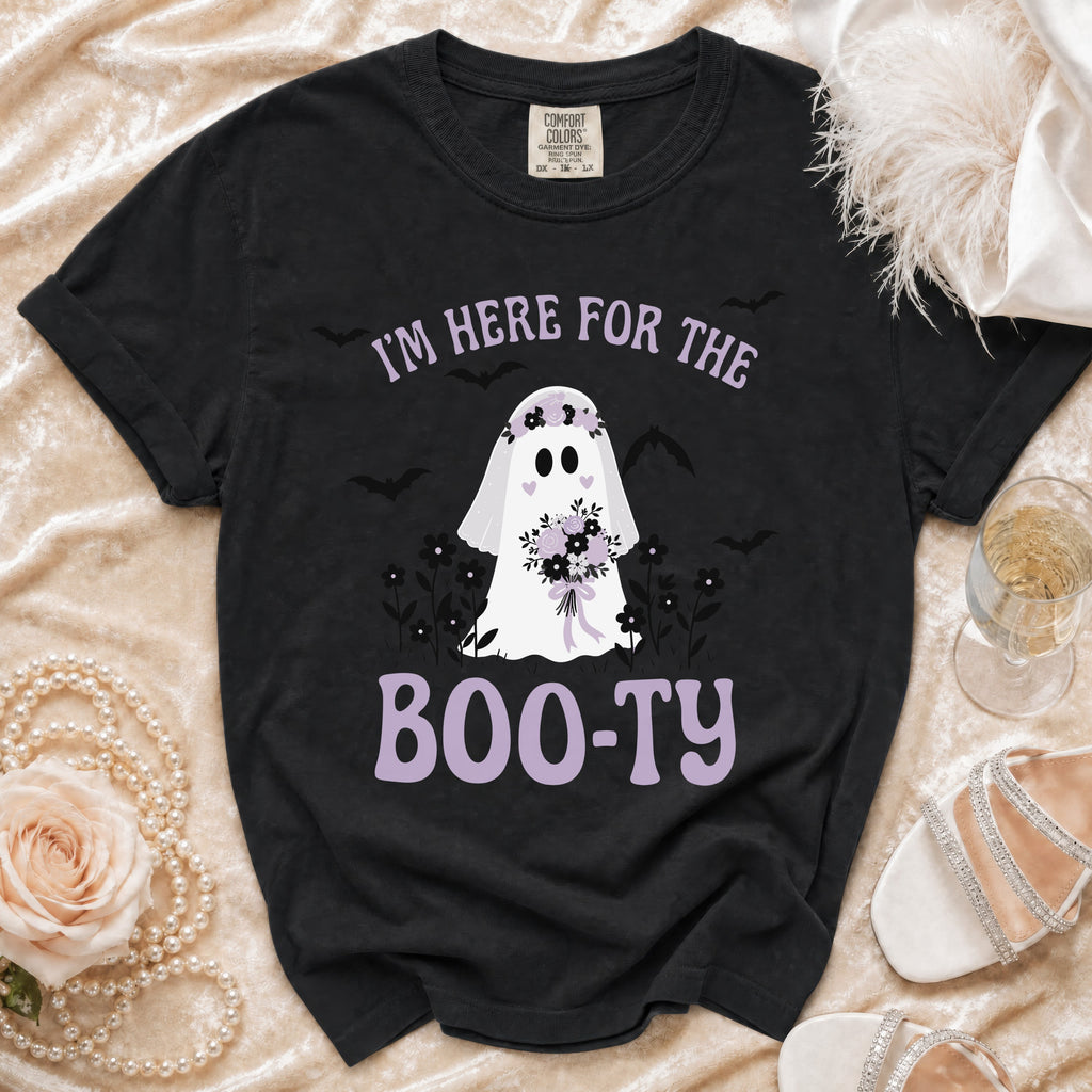 Black t-shirt with a ghost graphic and text "I'M HERE FOR THE BOO-TY".