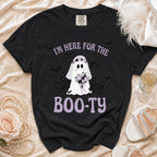 Black t-shirt with a ghost graphic and text "I'M HERE FOR THE BOO-TY".