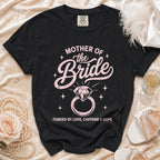 Black t-shirt with "Mother of the Bride" and "Funded by Love, Caffeine & Nope".