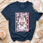 Navy t-shirt with skeleton bride graphic that reads "Til Death Do Us Party".