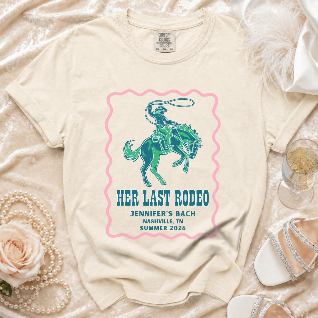 Cream t-shirt with "Her Last Rodeo" graphic for Jennifer's Bach Nashville.