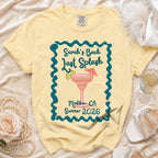 Yellow t-shirt with "Sarah's Bach Last Splash Malibu, CA Summer 2026" and cocktail graphic.