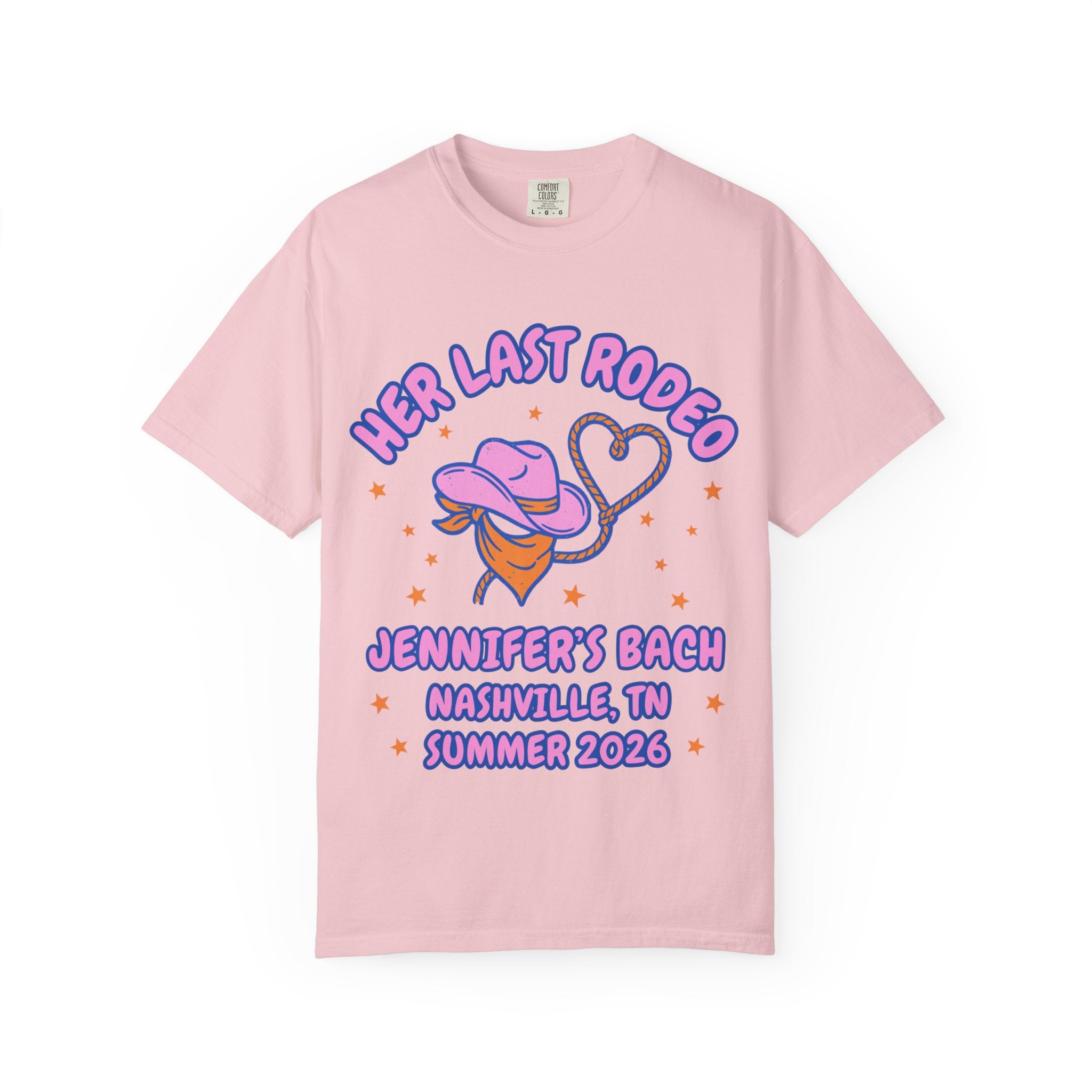 Pink t-shirt with "Her Last Rodeo" text, cowboy hat, lasso, and Nashville bachelorette details.