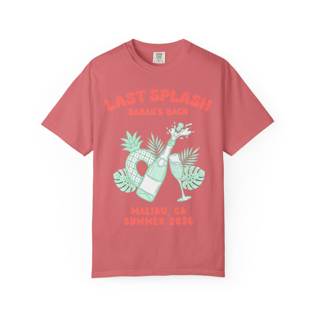 Salmon t-shirt with "Last Splash Sarah's Bach" and palm leaves.