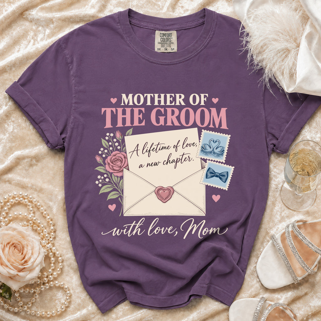 Purple t-shirt reads "Mother of the Groom" with floral and envelope graphics.