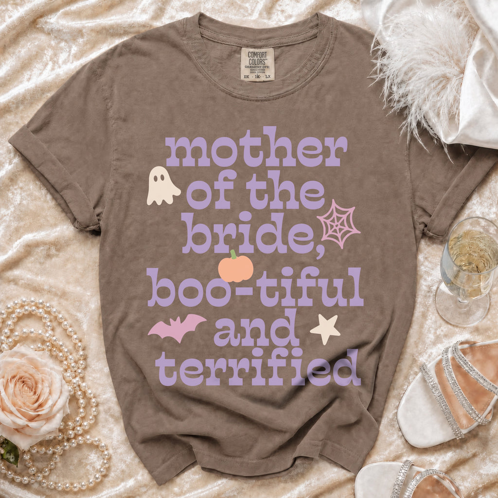 Brown Comfort Colors t-shirt with "Mother of the Bride, Boo-tiful and Terrified" text and Halloween icons.