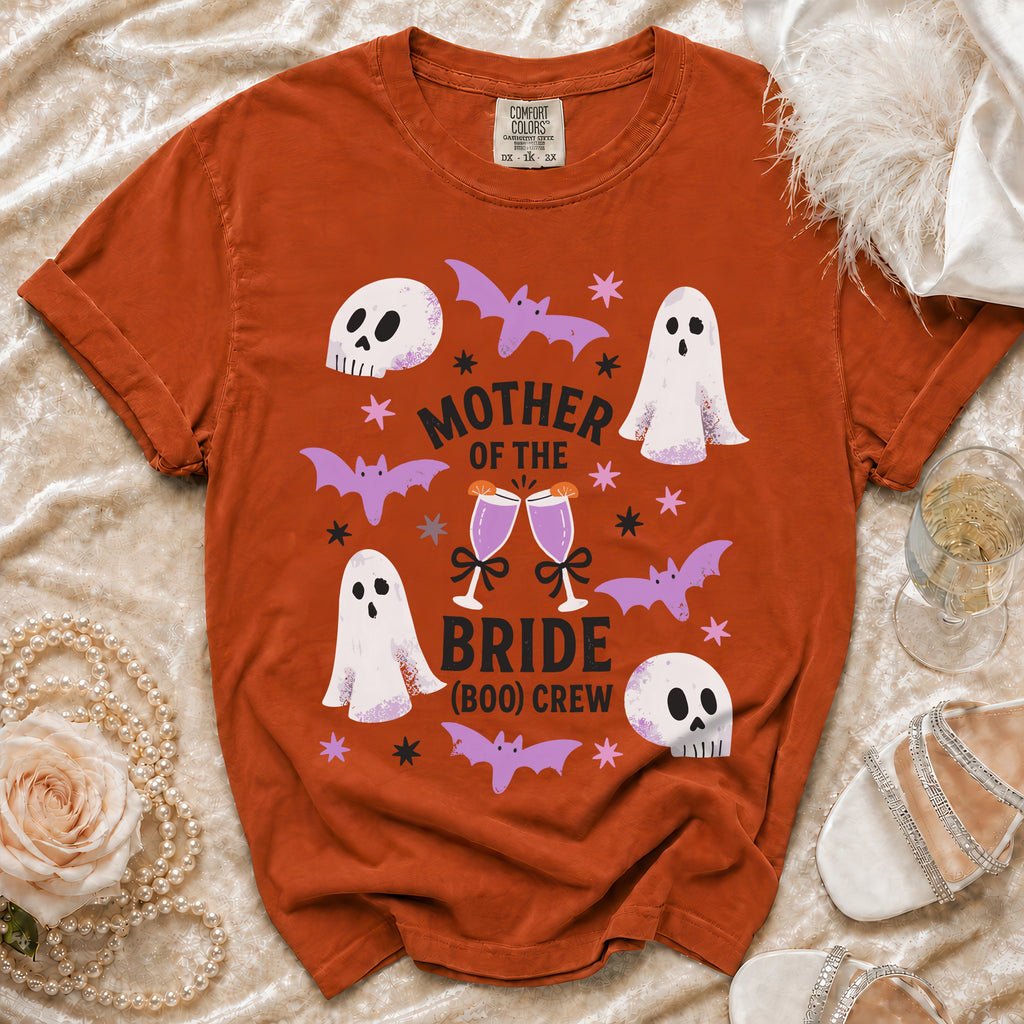 Orange t-shirt with "Mother of the Bride (Boo) Crew" text and Halloween graphics.