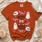 Orange t-shirt with "Mother of the Bride (Boo) Crew" text and Halloween graphics.