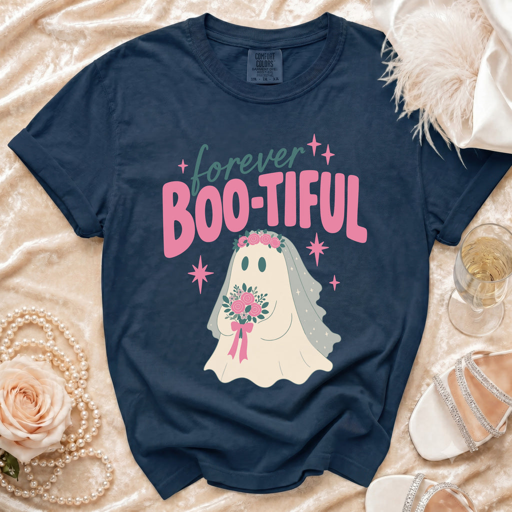 Navy t-shirt with "forever BOO-TIFUL" and ghost graphic.
