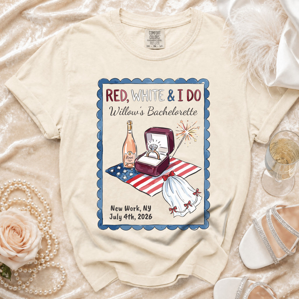Red, White & I Do bachelorette t-shirt with engagement ring and champagne.
