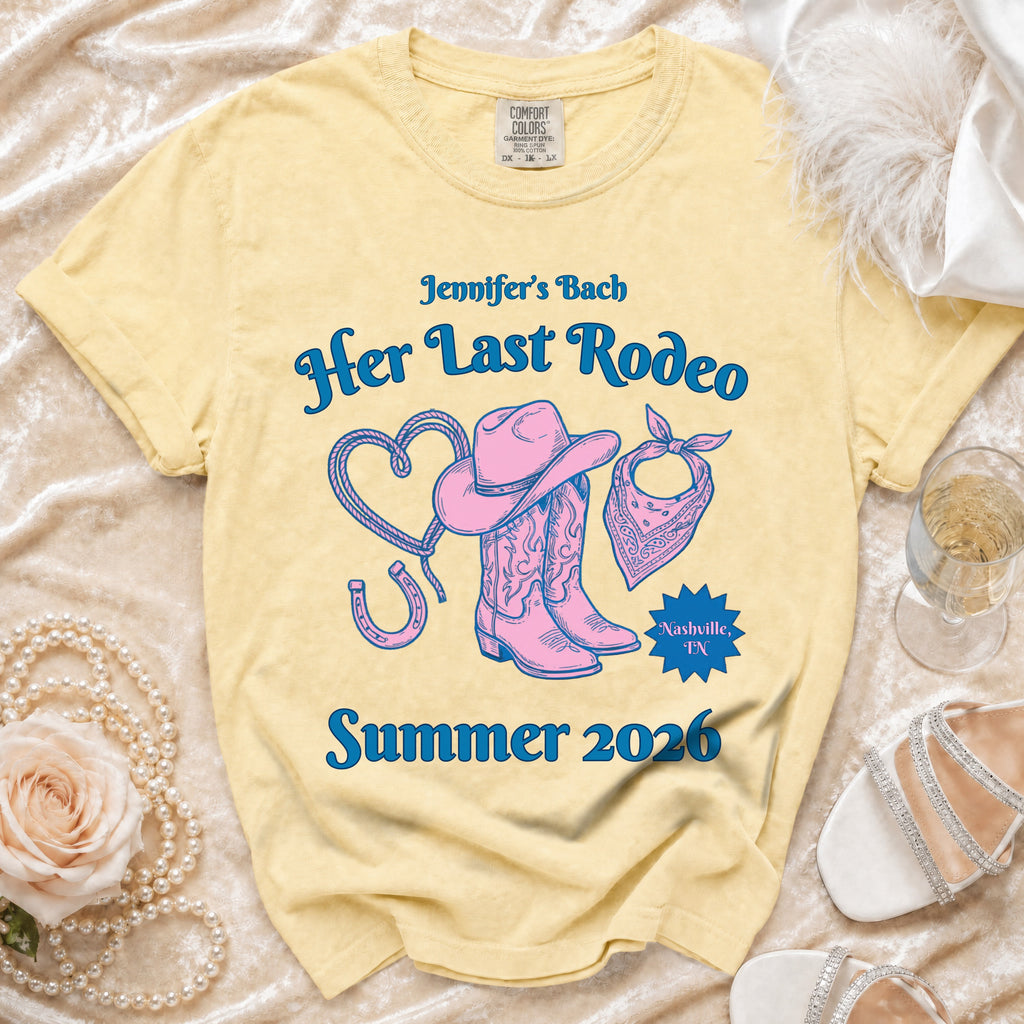 Yellow t-shirt with "Her Last Rodeo Nashville, TN Summer 2026" and rodeo graphics.