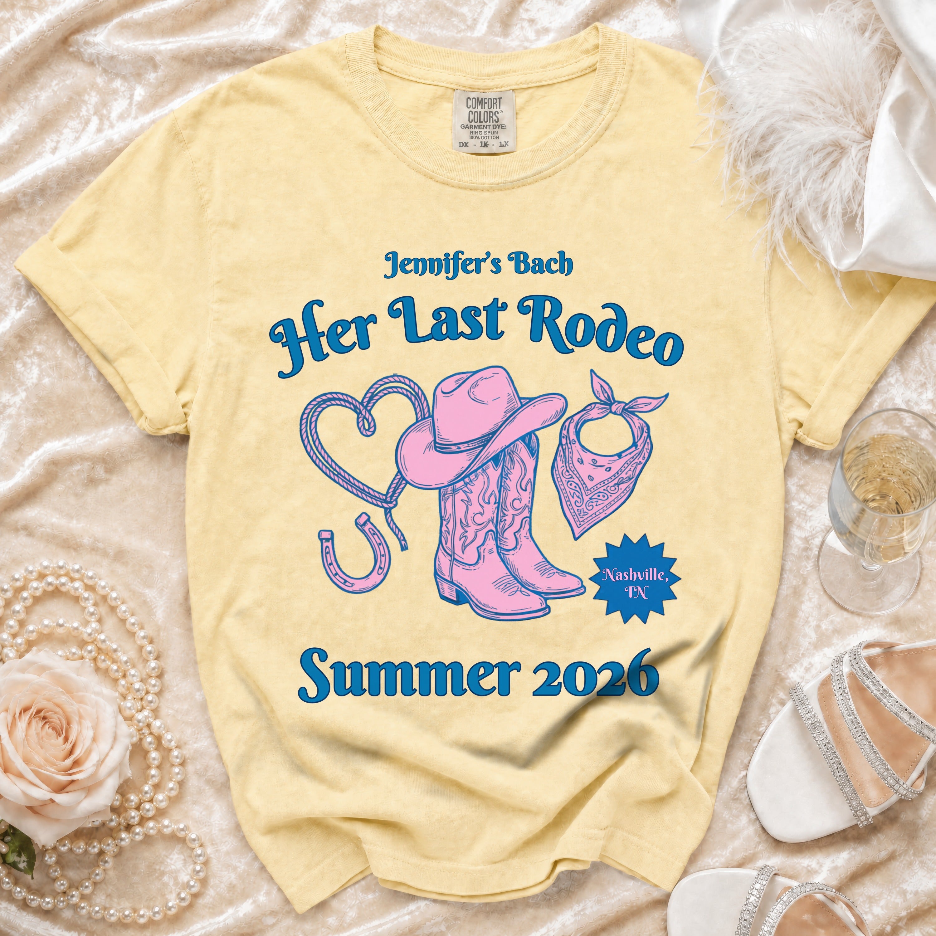 Yellow t-shirt with "Her Last Rodeo Nashville, TN Summer 2026" and rodeo graphics.