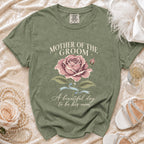 Green t-shirt with "Mother of the Groom" and rose graphic.