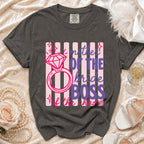 Dark grey t-shirt with "Mother of the Bride Boss of the Chaos" text and diamond ring graphic.