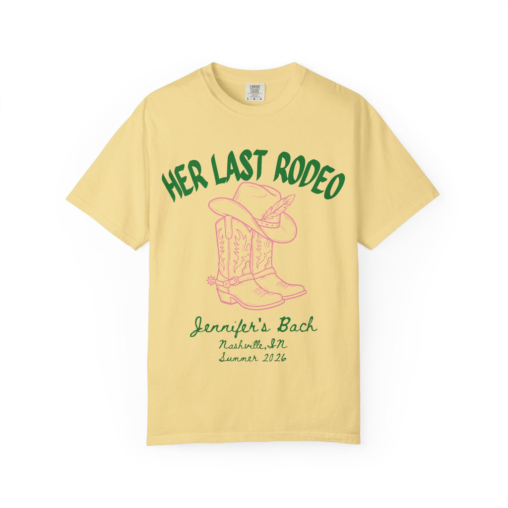 Yellow t-shirt with "HER LAST RODEO" and cowboy boots graphic.