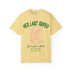 Yellow t-shirt with "HER LAST RODEO" and cowboy boots graphic.