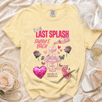 Yellow t-shirt with "Last Splash Sarah's Bach" text, champagne glasses, and pink leopard.