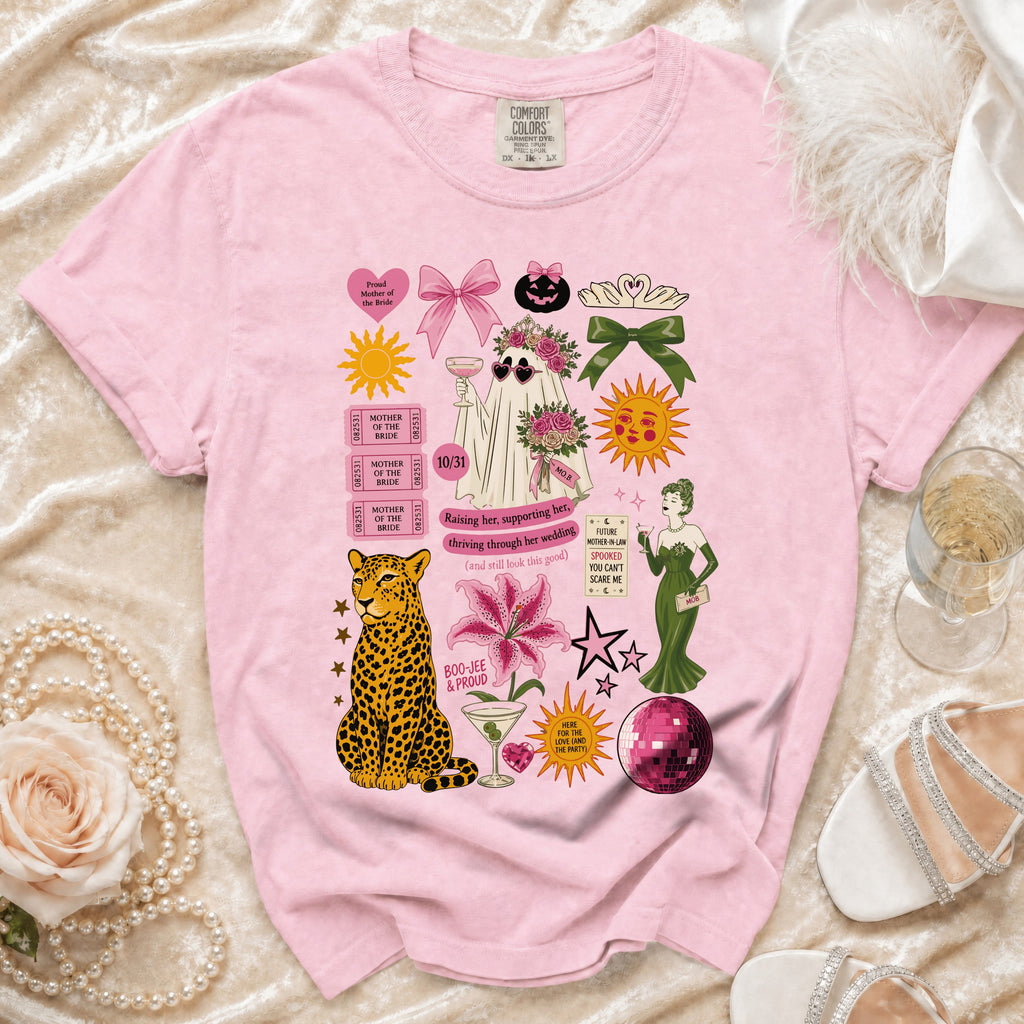 Pink t-shirt with "Mother of the Bride" graphics including a ghost, leopard, and wedding-themed icons.