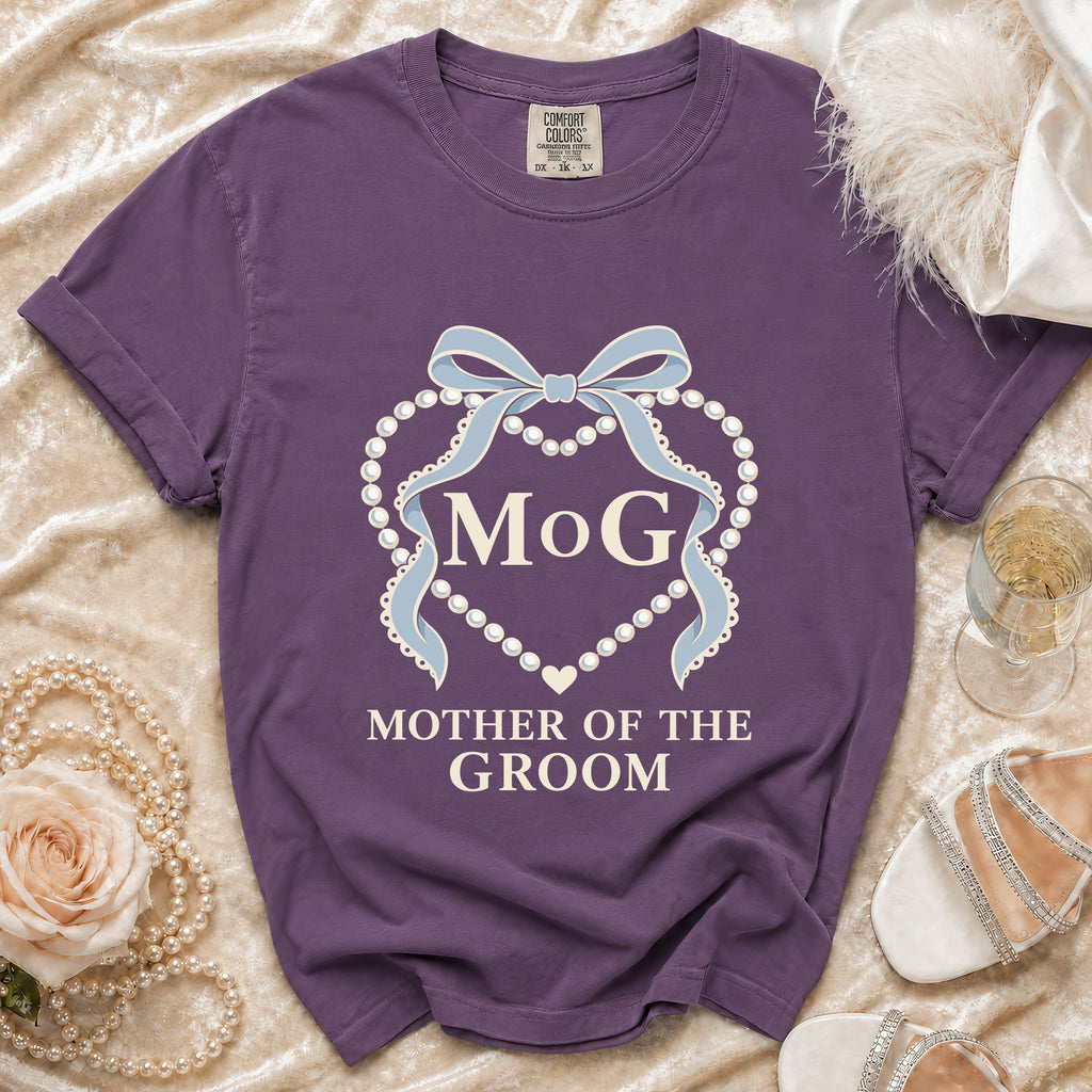 Purple t-shirt with "MOG" and "Mother of the Groom" text and pearl design.