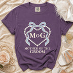Purple t-shirt with "MOG" and "Mother of the Groom" text and pearl design.
