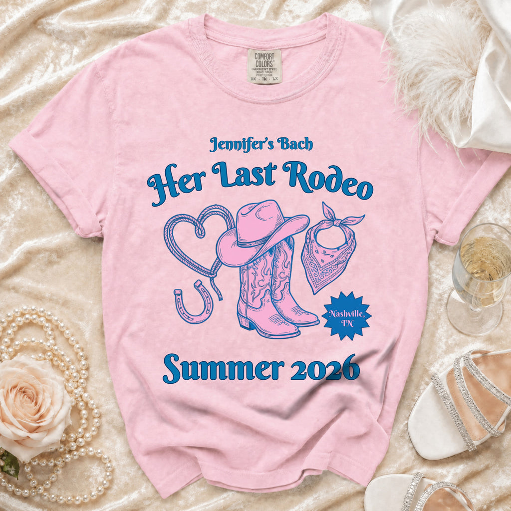 Pink t-shirt for "Jennifer's Bach - Her Last Rodeo" with Western graphics.