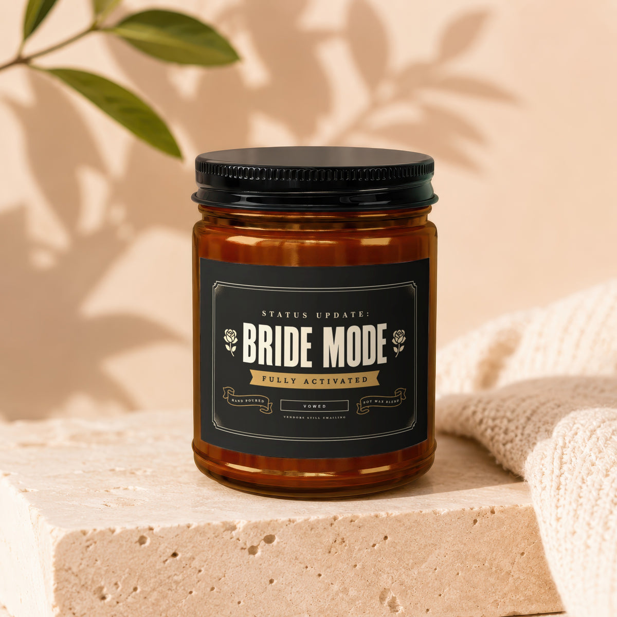 Amber jar candle with "BRIDE MODE FULLY ACTIVATED" text and wedding-themed accents.
